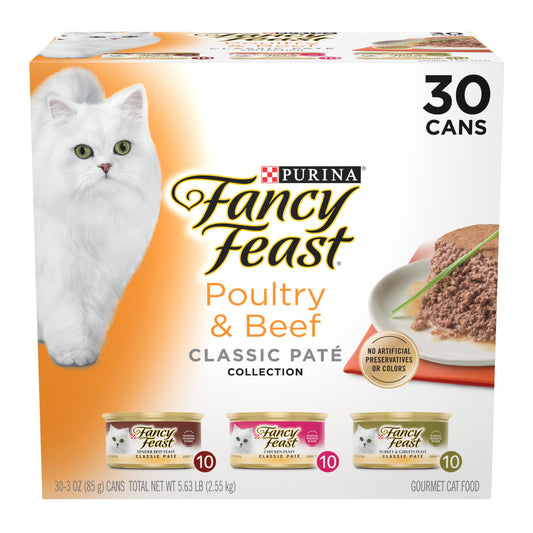 Fancy Feast Poultry and Beef Feast Classic Pate Collection Grain Free Wet Cat Food Variety Pack - (Pack of 30) 3 oz. Cans