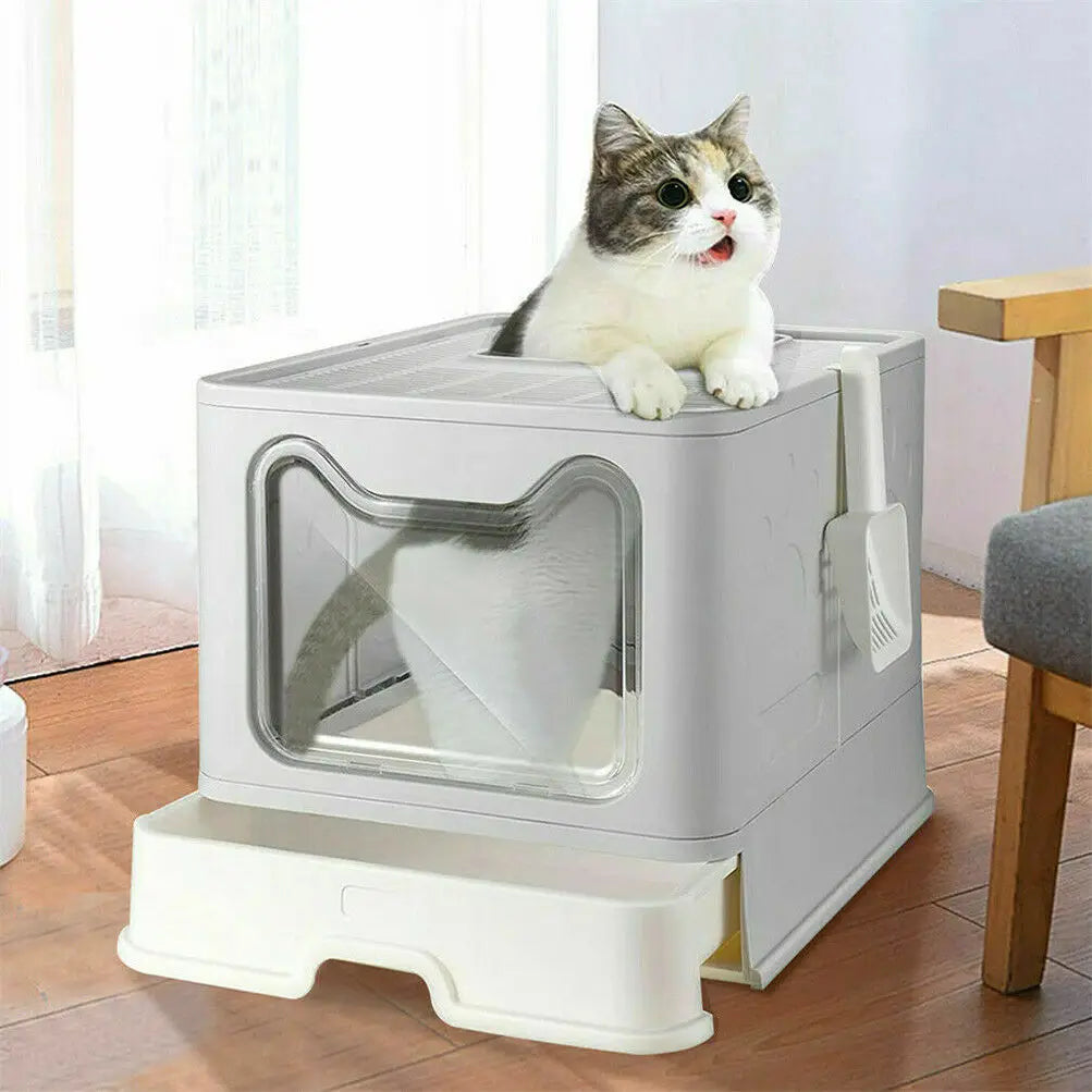Front Entry Top Exit Cat Litter Box with Lid Foldable Large Kitty Litter Boxes Cats Toilet Including Plastic Scoop